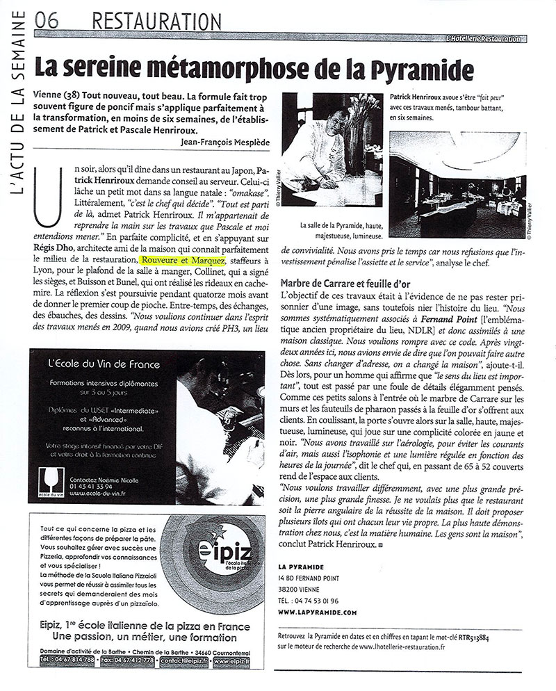 Article La Pyramide L'hôtellerie Restauration