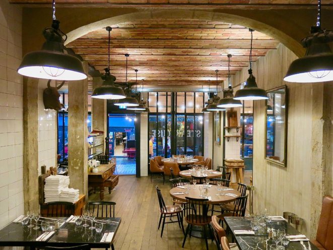 Renovation in a restaurant with an imitation red brick ceiling