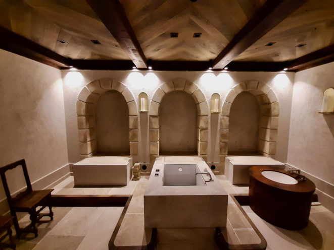 Imitation wood ceiling in the Guerlain spa at the Mademoiselle hotel of the Airelles group