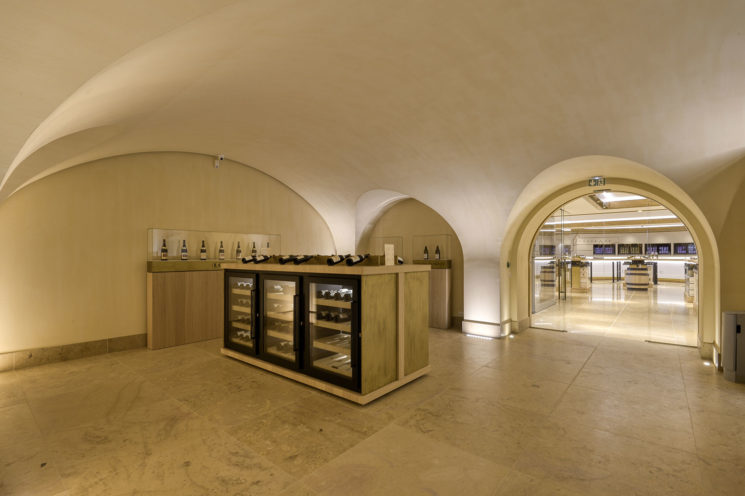 Vaulted ceiling made of fibrous plaster at the store of Caveau of the Chateau Guigal