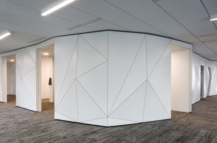 © www.hasap.fr wall cladding in corridors with 3D inspired acoustic ceiling