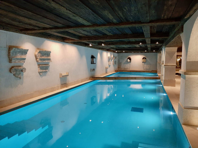 Imitation wood ceiling in the Guerlain spa at the Mademoiselle hotel of the Airelles group