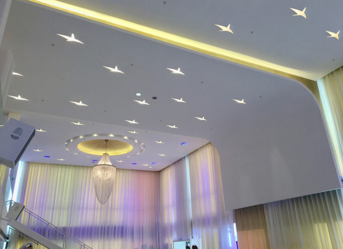 Renovation of conference venue with illuminated decoration on a ceiling